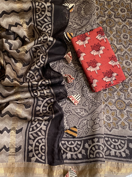 GREY HAND BLOCK PRINT CHANDERI SILK COTTON SARI