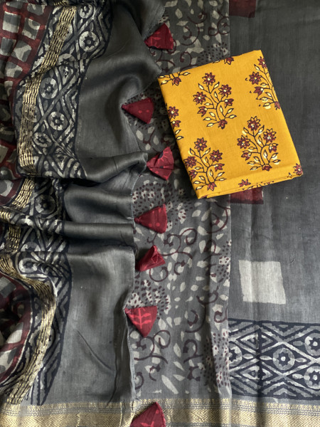 GREY HAND BLOCK PRINT CHANDERI SILK COTTON SARI