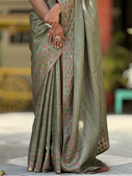 PISTA GREEN TUSSAR SILK EMBROIDERED SARI
