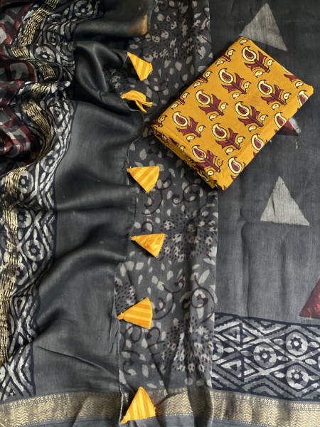 GREY HAND BLOCK PRINT CHANDERI SILK COTTON SARI