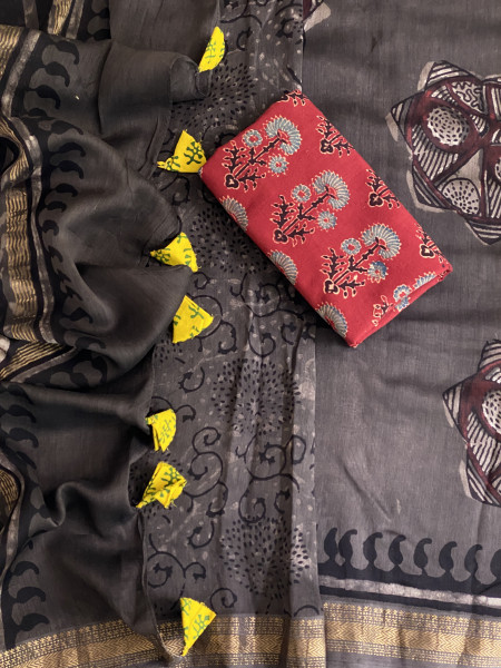 GREY HAND BLOCK PRINT CHANDERI SILK COTTON SARI