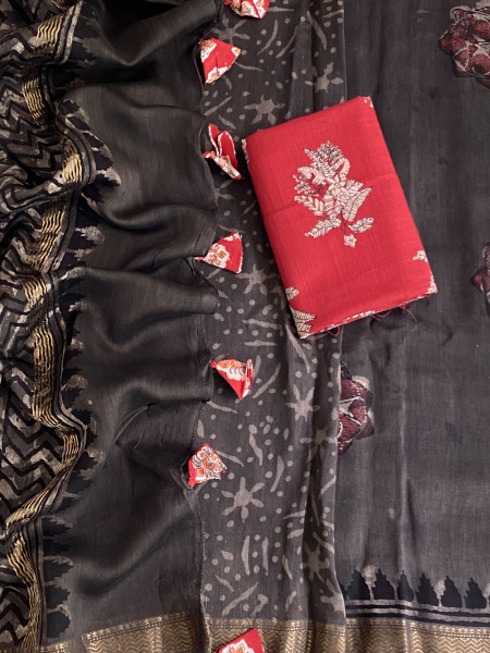 GREY HAND BLOCK PRINT CHANDERI SILK COTTON SARI