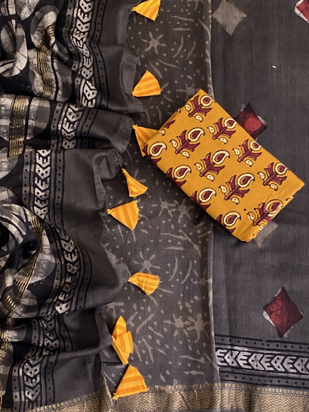 GREY HAND BLOCK PRINT CHANDERI SILK COTTON SARI