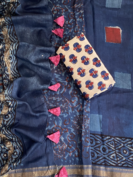 INDIGO HAND BLOCK PRINT CHANDERI SILK COTTON SARI