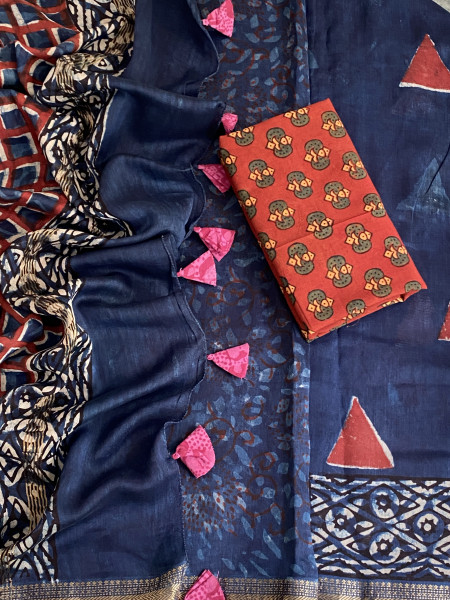 INDIGO HAND BLOCK PRINT CHANDERI SILK COTTON SARI