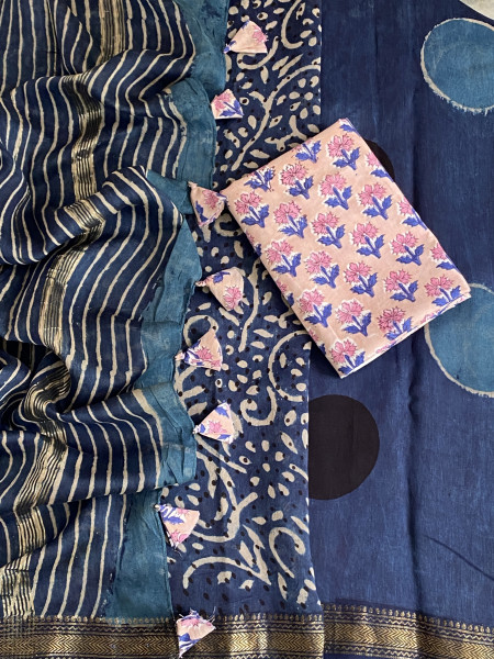 INDIGO HAND BLOCK PRINT CHANDERI SILK COTTON SARI