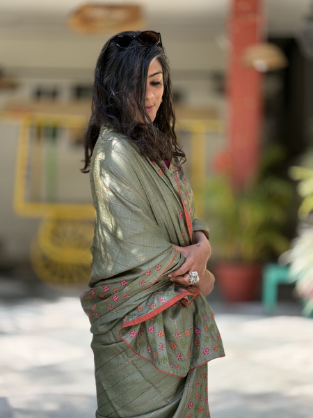PISTA GREEN TUSSAR SILK EMBROIDERED SARI