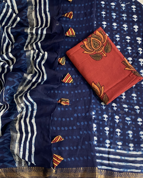 INDIGO HAND BLOCK PRINT CHANDERI SILK COTTON SARI