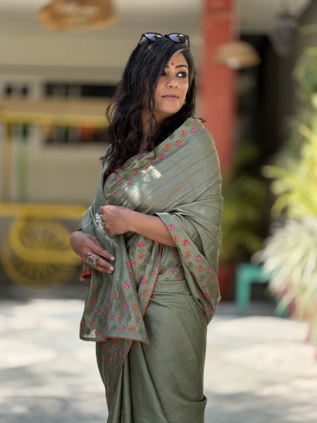 PISTA GREEN TUSSAR SILK EMBROIDERED SARI