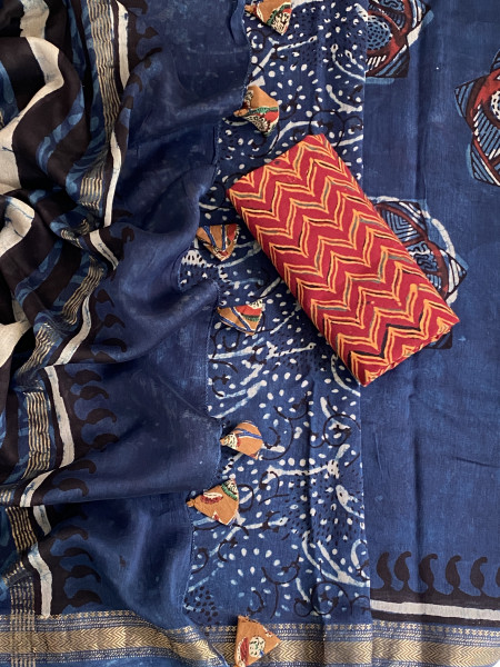 INDIGO HAND BLOCK PRINT CHANDERI SILK COTTON SARI