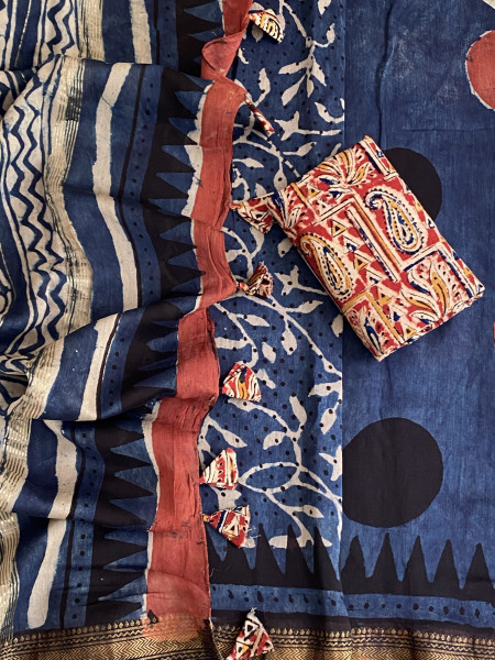 INDIGO HAND BLOCK PRINT CHANDERI SILK COTTON SARI