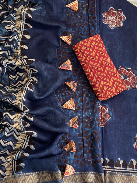 INDIGO HAND BLOCK PRINT CHANDERI SILK COTTON SARI