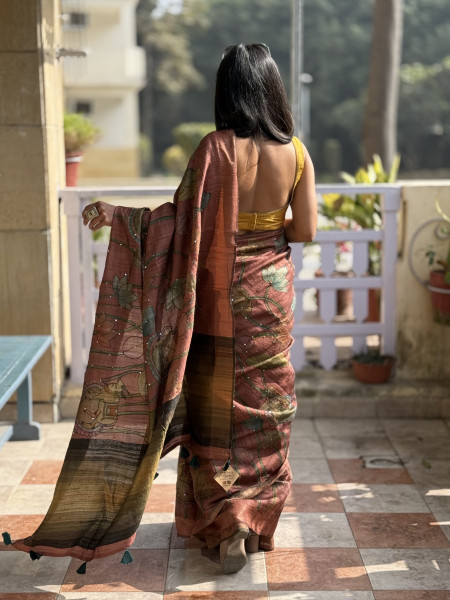 RUST PRINTED KANTHA EMBROIDERED GICHA TUSSAR SILK SARI