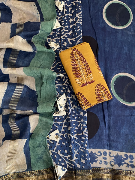 INDIGO HAND BLOCK PRINT CHANDERI SILK COTTON SARI