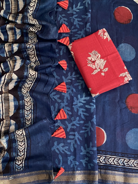 INDIGO HAND BLOCK PRINT CHANDERI SILK COTTON SARI