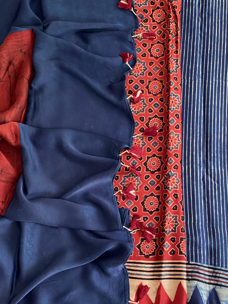INDIGO-MAROON MODAL SILK AJRAKH BLOCK PRINT SARI