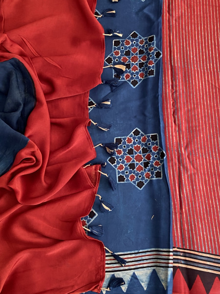 MAROON-INDIGO MODAL SILK AJRAKH BLOCK PRINT SARI