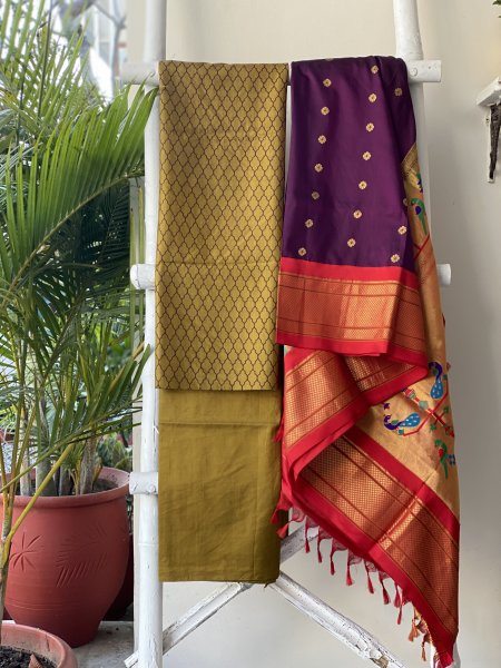 OLIVE-PURPLE PAITHANI PURE SILK dupatta Set
