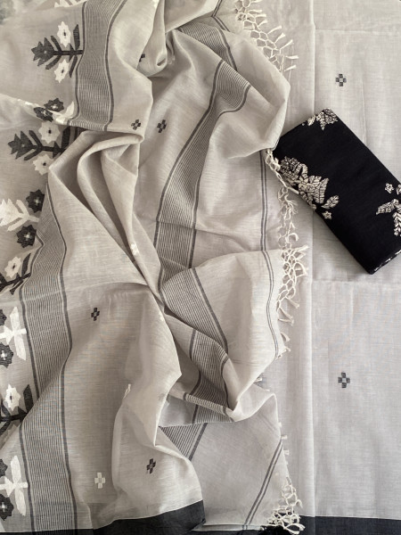 "ISHIKA" GREY JAMDANI BENGAL MULMUL COTTON SARI