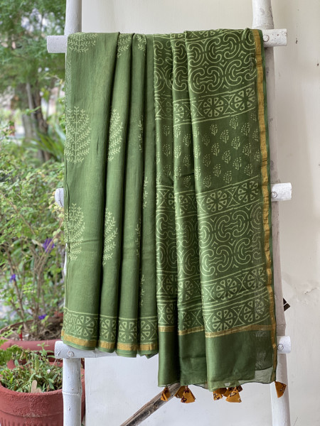 GREEN HAND BLOCK PRINT CHANDERI SILK COTTON SARI