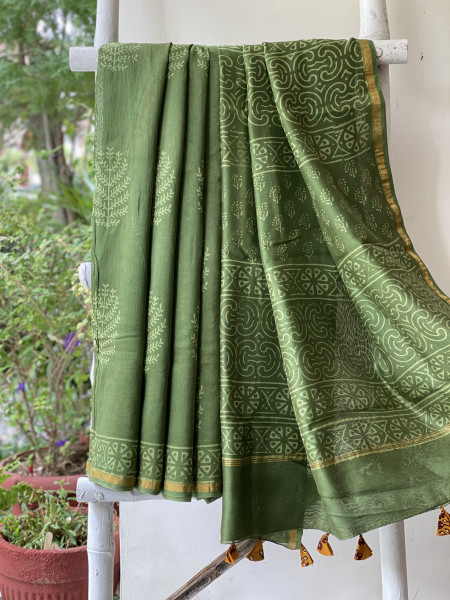 GREEN HAND BLOCK PRINT CHANDERI SILK COTTON SARI