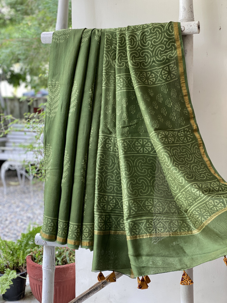Image of GREEN HAND BLOCK PRINT CHANDERI SILK COTTON SARI