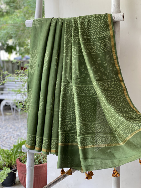 GREEN HAND BLOCK PRINT CHANDERI SILK COTTON SARI