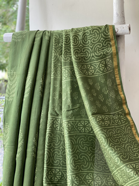 GREEN HAND BLOCK PRINT CHANDERI SILK COTTON SARI