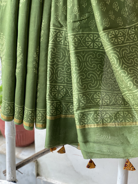 GREEN HAND BLOCK PRINT CHANDERI SILK COTTON SARI