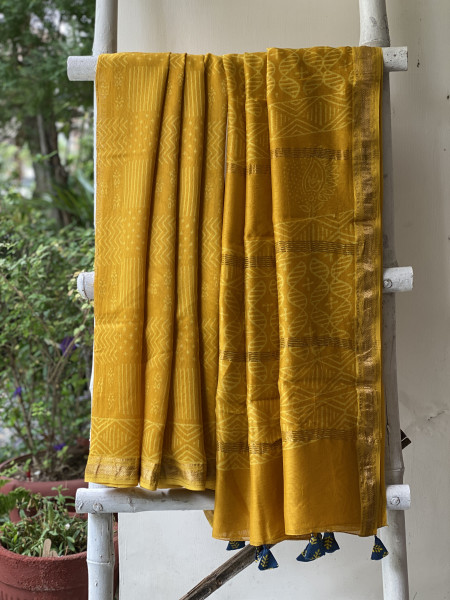 MUSTARD YELLOW HAND BLOCK PRINT CHANDERI SILK COTTON SARI