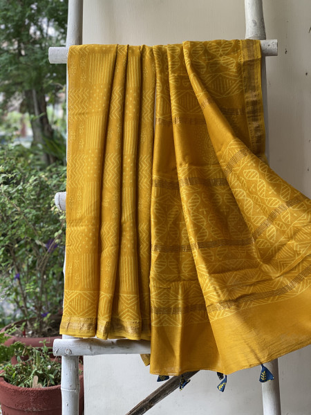 MUSTARD YELLOW HAND BLOCK PRINT CHANDERI SILK COTTON SARI