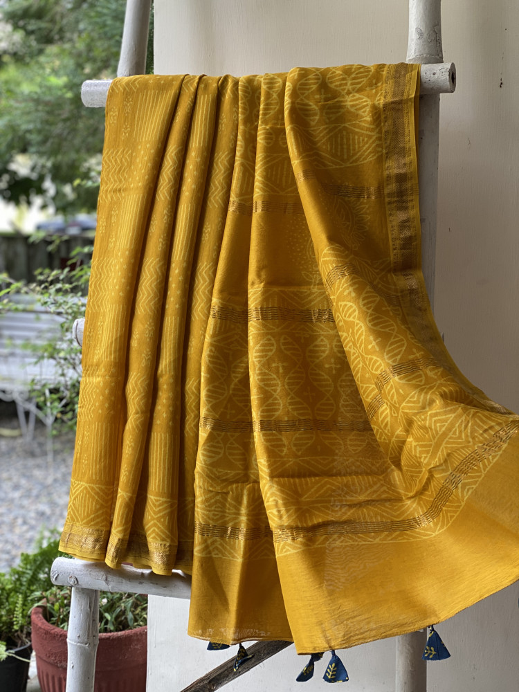 Image of MUSTARD YELLOW HAND BLOCK PRINT CHANDERI SILK COTTON SARI