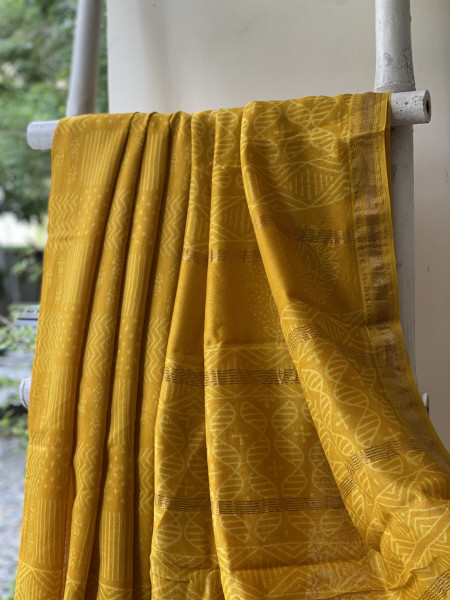 MUSTARD YELLOW HAND BLOCK PRINT CHANDERI SILK COTTON SARI