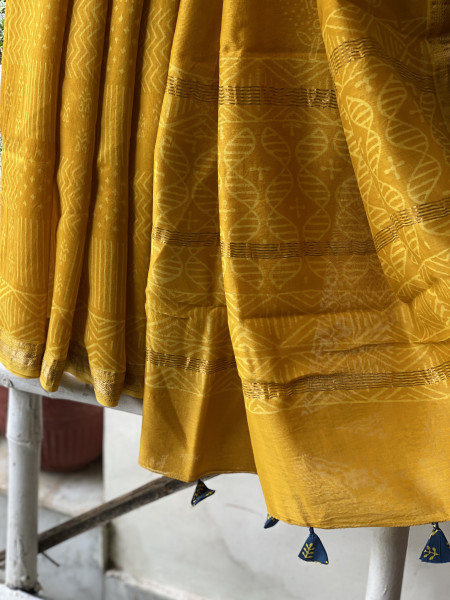 MUSTARD YELLOW HAND BLOCK PRINT CHANDERI SILK COTTON SARI