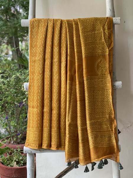 MUSTARD YELLOW HAND BLOCK PRINT CHANDERI SILK COTTON SARI