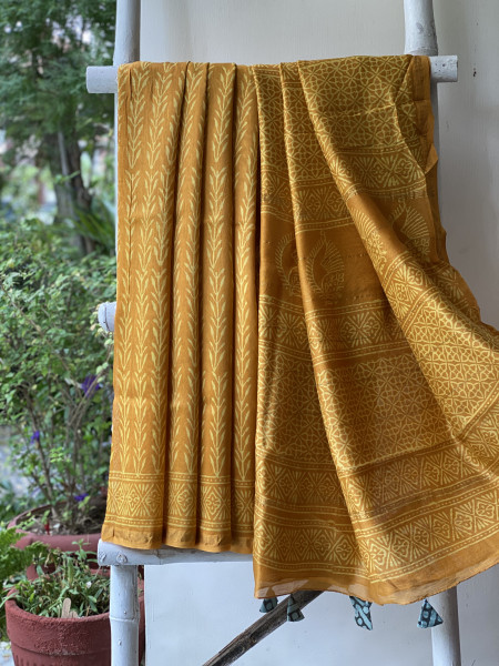 MUSTARD YELLOW HAND BLOCK PRINT CHANDERI SILK COTTON SARI