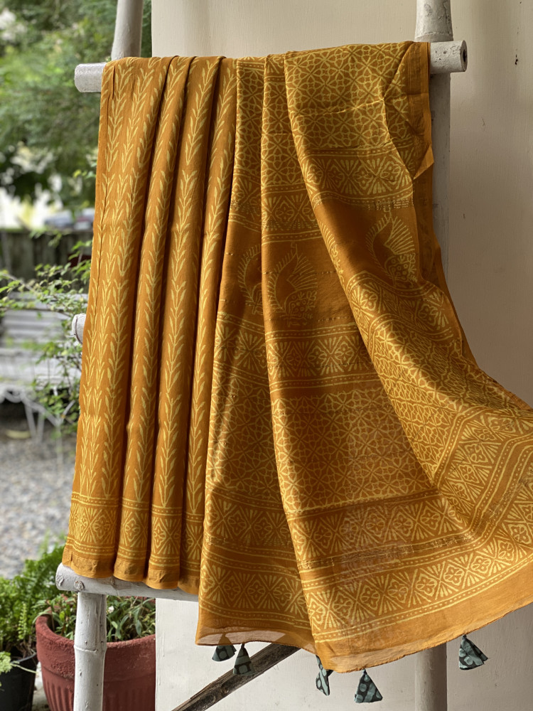 Image of MUSTARD YELLOW HAND BLOCK PRINT CHANDERI SILK COTTON SARI