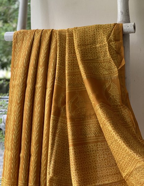 MUSTARD YELLOW HAND BLOCK PRINT CHANDERI SILK COTTON SARI