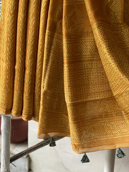 MUSTARD YELLOW HAND BLOCK PRINT CHANDERI SILK COTTON SARI