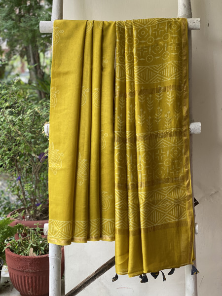 YELLOW HAND BLOCK PRINT CHANDERI SILK COTTON SARI