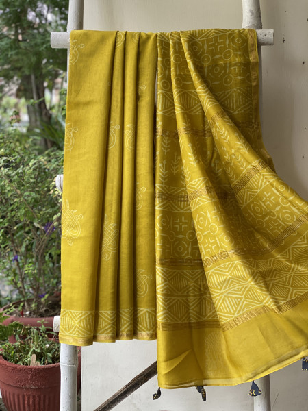 YELLOW HAND BLOCK PRINT CHANDERI SILK COTTON SARI