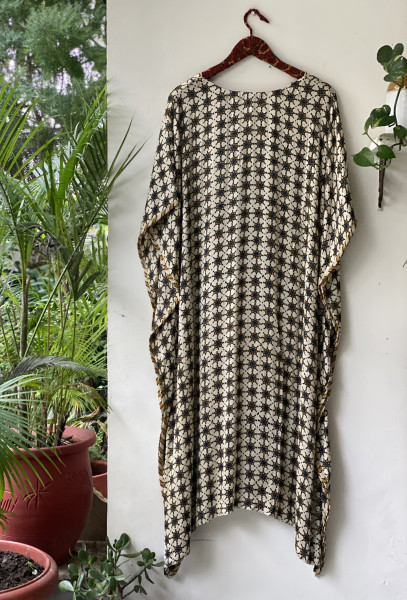 OFF WHITE AJRAKH HAND BLOCK MODAL SILK KAFTAN