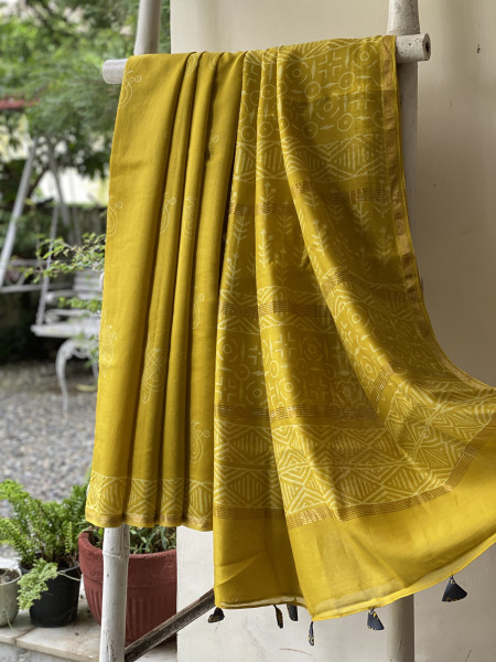 YELLOW HAND BLOCK PRINT CHANDERI SILK COTTON SARI