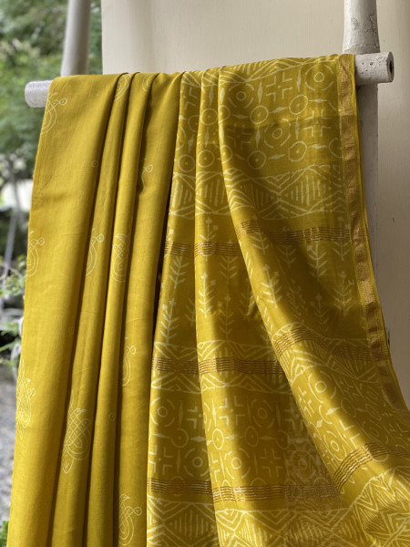 YELLOW HAND BLOCK PRINT CHANDERI SILK COTTON SARI