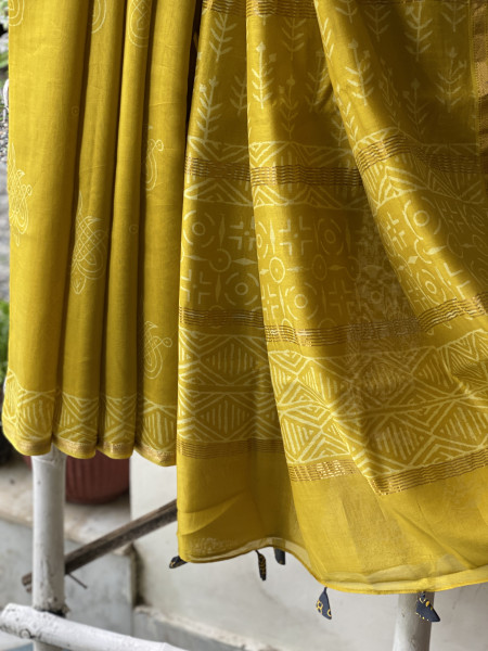 YELLOW HAND BLOCK PRINT CHANDERI SILK COTTON SARI