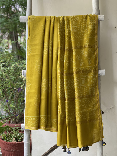 YELLOW HAND BLOCK PRINT CHANDERI SILK COTTON SARI