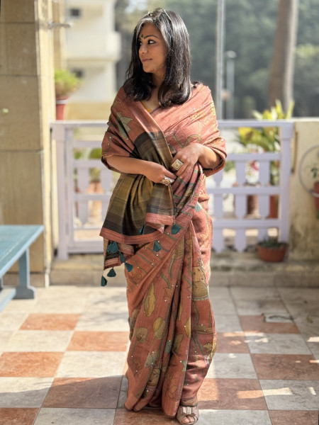 RUST PRINTED KANTHA EMBROIDERED GICHA TUSSAR SILK SARI