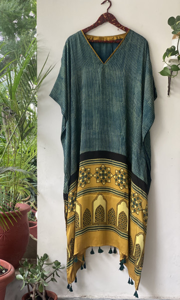BOTTLE GREEN AJRAKH HAND BLOCK MODAL SILK KAFTAN