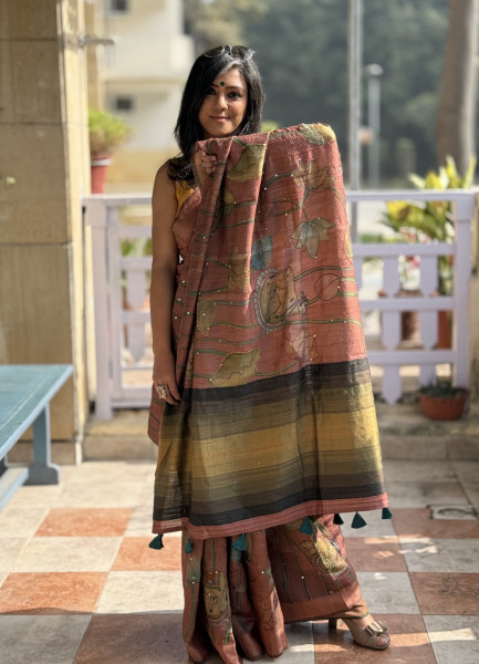 RUST PRINTED KANTHA EMBROIDERED GICHA TUSSAR SILK SARI