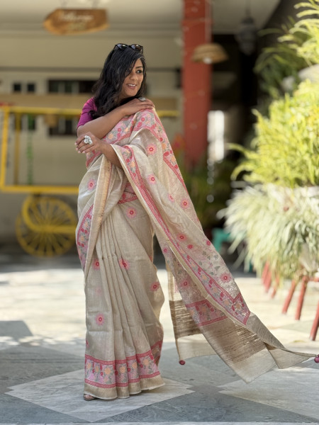 OFF WHITE WOVEN SILK EMBROIDERED SARI